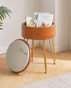 IBUYKE Faux Leather Round Footrest Stool with Storage Ottoman, Makeup Vanity Chair Side Table, PU Dressing Table Seat, Removable Cover, Golden Steel Legs, Light Brown WBD024J