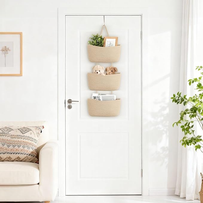 Dahey Over The Door Hanging Basket 3-Tier Woven Boho Wall Mounted Storage Organizer with Hooks for Bedroom Nursery Bathroom Apartments Dorm Pantry Decor, Jute