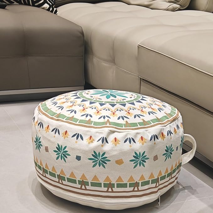 MOCOFO Round Bohemian Ottoman Pouf Cover, 18 Inch, Cotton Blend, Church Window Print, Living Room Storage Footrest, Cover Only (Green Diamond)