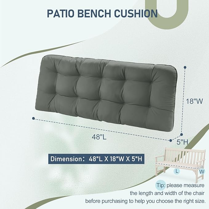downluxe Outdoor Bench Cushion for Patio Furniture, Waterproof Tufted Overstuffed Porch Swing Cushions, Thick Outdoor Loveseat Cushions, 48" X 18" X 5", Dark Grey, Set of 1