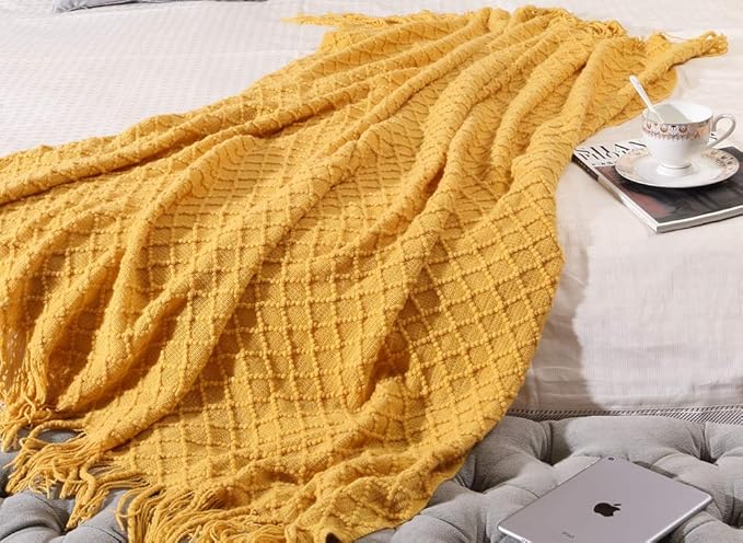 CREVENT Farmhouse Boho Knitted Throw Blanket for Couch Sofa Chair Bed Home Decoration, Soft Warm Cozy Light Weight for Spring Summer Fall (60''X80'' Mustard)