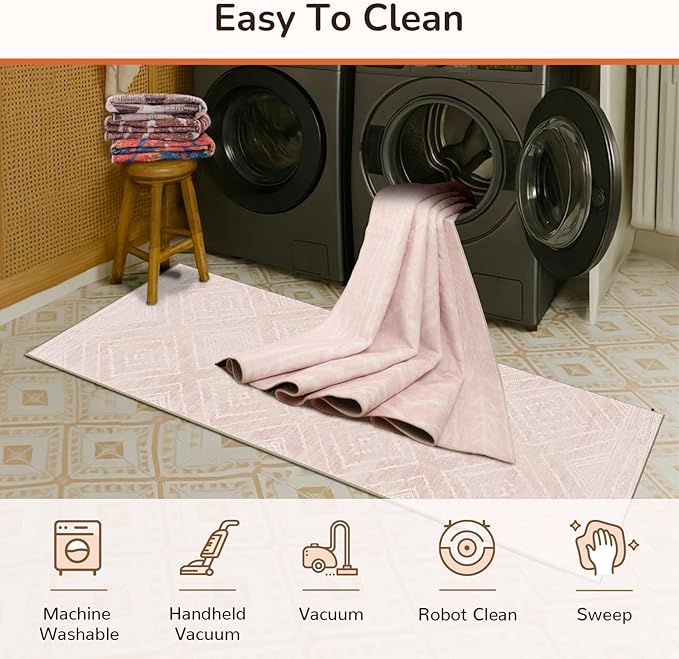 Area Rug 6x9 Rug Machine Washable Non-Slip Low Pile Print Pattern Western Rug for Living Room Bedroom Entryway Tribal Series -Light Pink/Cream