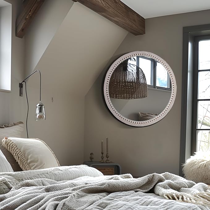 24 Inch Farmhouse Round Wood Mirror for Wall Decor, Rustic Decorative Circle Mirrors for Bathroom Over Sink, Living Room, Entryway, Bedroom