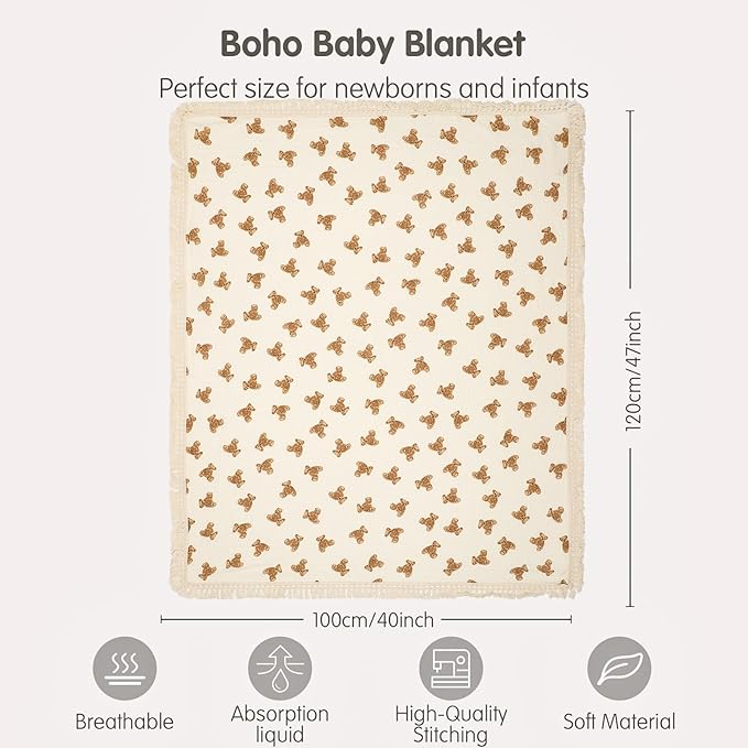 insular Cotton Muslin Baby Blanket with Tassel, Boho Bohemian Muslin Swaddle Blanket Baby Receiving Blanket with Fringe, Nursery Decor Throw or Nursing Blankets, 47" x40”, Little Bear