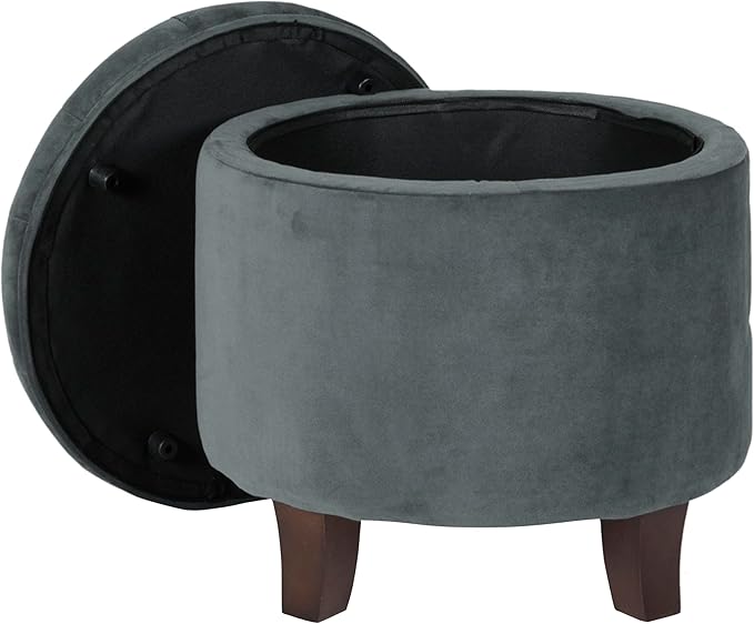 Homepop Home Decor | Upholstered Round Velvet Tufted Foot Rest Ottoman | Ottoman with Storage for Living Room & Bedroom | Decorative Home Furniture, Dark Gray Small