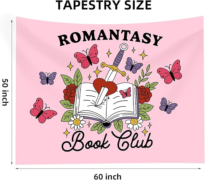 Romantasy Book Club Tapestry - Fantasy Books Library Tapestries, Pink Magical Document Tapestrys, Cute Aesthetic Fairy Tapestries Wall Hanging, Beach Throws Table Cloth Bedding Tapestry - 50 x 60 Inches
