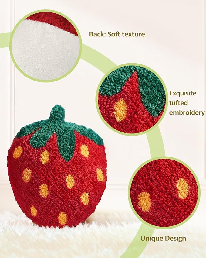 Strawberry Shaped Throw Pillow - Cute Decorative Plush Throw Pillow for Couch, Sofa, or Living Room, 17.7" x 13" Red Soft Cushion for Home Decor