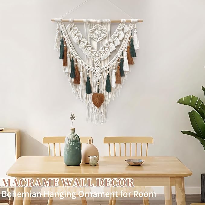 lokeisna Macrame Wall Hanging, Woven Tapestry Beige & Dusty Rose Handmade Craft Macrame Wall Decor, Gallery & Nursery, Size 37.4” Lx27.5” W Brown Green