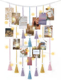 Mkono Macrame Hanging Photo Display Wall Decor with String Lights Boho Room Bedroom Wooden Beads Garland Picture Greeting Cards Holder with 30 Clips