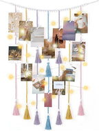 Mkono Macrame Hanging Photo Display Wall Decor with String Lights Boho Room Bedroom Wooden Beads Garland Picture Greeting Cards Holder with 30 Clips