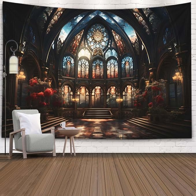 EMMTEEY Gothic Cathedral Art Tapestry 60X40 Inch - Vintage Interior Wall Art for Living Room Medieval Fantasy Backdrop for Bedroom Dorm
