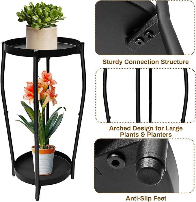 Plant Stand Indoor, 2 Tier Tall Wood Plant Stand, 4-Leg Floor Corner Plant Stands, Heavy Duty Plant Shelf Plant Rack Flower Stands For Home Decor (B - Black)