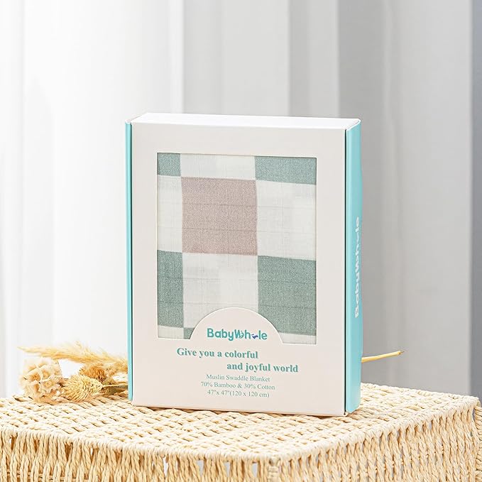BabyWhale Muslin Swaddle Blanket with Hat and Headband Bow, Checkered Print Swaddle Set for Baby Boys ＆ Girls, Unisex Soft Receiving Blanket Wrap, Green Grey Checkered, 47x47 inches