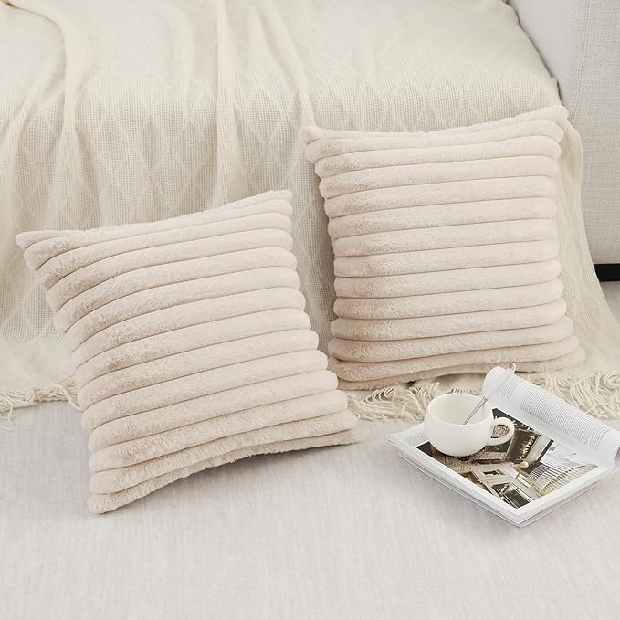 Pallene Faux Fur Plush Throw Pillow Covers 22x22 Set of 2, Luxury Soft Fluffy Striped Decorative Pillow Covers for Sofa, Couch, Living Room, Apricot