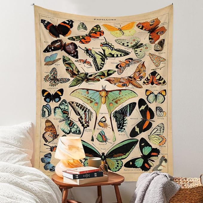 Vintage Butterfly Tapestry 48” x 36”, Long Vertical Wall Hanging Reference Illustrative Papillons Tapestries for Bedroom Aesthetic Butterfly Tapistry Cute Vertical Tapestry Wall Hanging Bedroom Decor