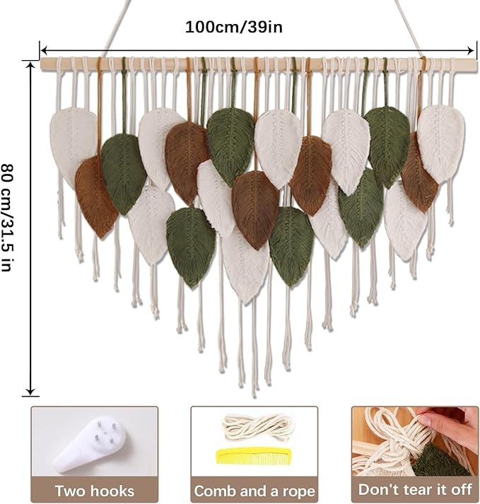 Tiaforza Macrame Wall Hanging Decor Art, Handmade Leaf Feather Woven Boho Wall Tapestry, Ideal Decor for Apartment, Bedroom, Living Room, Office and Dining Area, Size 39" W x 29.5" L