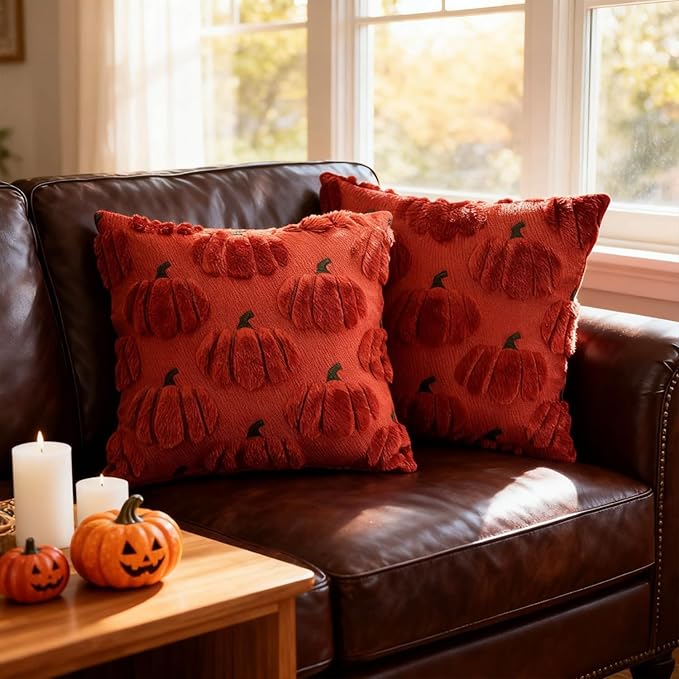 Fall Pumpkin Decorative Throw Pillow Covers 18x18 Set of 2 Pillow Covers, Faux Fur Square Pillow Cover Fluffy Plush Accent Throw Pillow Case, Throw Pillow Cover Cushion Cover for Autumn, Rust Red