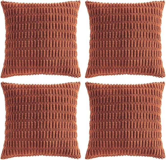 Fancy Homi 4 Packs Rust Small Decorative Throw Pillow Covers 14x14 Inch for Living Room Couch Bed Sofa, Rustic Farmhouse Boho Home Decor, Soft Plush Striped Corduroy Terracotta Cushion Case 35x35 cm