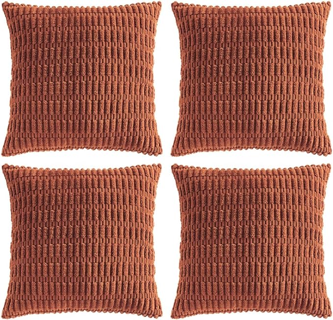Fancy Homi 4 Packs Rust Decorative Throw Pillow Covers 20x20 Inch for Living Room Couch Bed Sofa, Terracotta Rustic Farmhouse Boho Home Decor, Soft Plush Striped Corduroy Square Cushion Case 50x50 cm