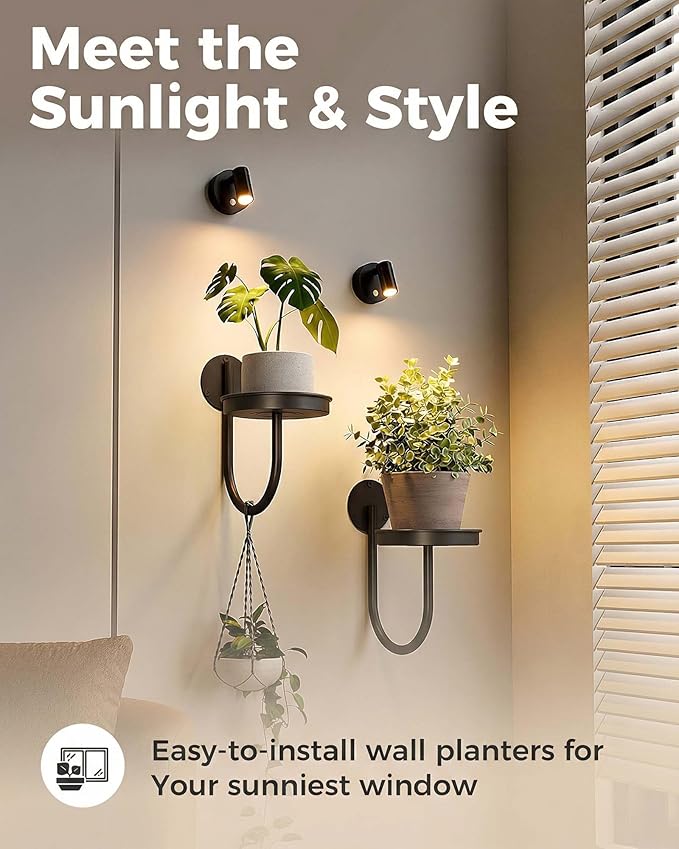 Leaf&lull Wall Plant Holder Plant Stand with Lights Wall Planters for Indoor Plants with Planter Plant Hanger Hanging Plant Holder Wall Hanging Decor 2 Pack Black