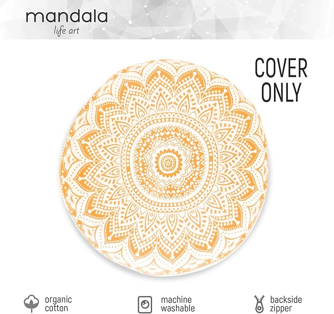 Mandala Life ART Bohemian Yoga Décor Floor Cushion Cover - Insert NOT Included - Round Mediation Pillow Case - Hand Printed Organic Cotton Pouf