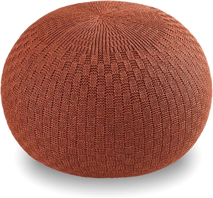 ARTPLAN - Round Knit Pouf - Woven Floor Ottoman - Handmade & Hand Stitched - 19.7 Dia x 12.8 High - Boho Home Décor - Living Room - Bedroom,Brick Red