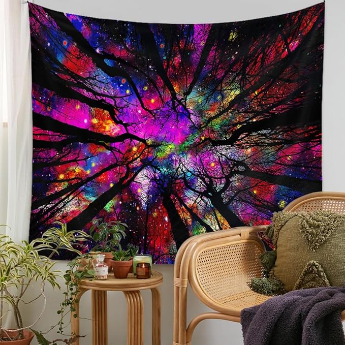 Blacklight Galaxy Forest Silhouette Tapestry for Bedroom Night Sky Ceiling Tapestry for Bedroom Decor Dark Forest Stars Tapestries Glow in the Dark Starry Night Tapestries UV Reactive Dorm Decor 71x90