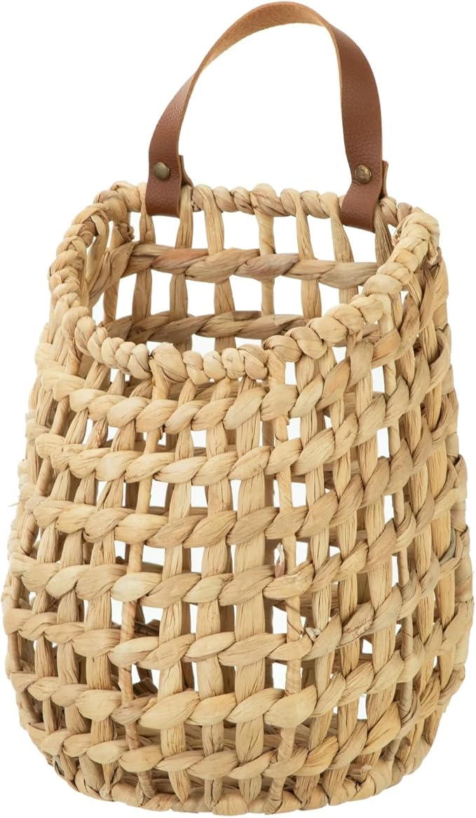 Water Hyacinth Hanging Wall Basket with Faux Leather Strap, Handwoven Boho Hanging Baskets, Wall Baskets for Indoor Outdoor Plant Flower Storage & Home Decor (2)