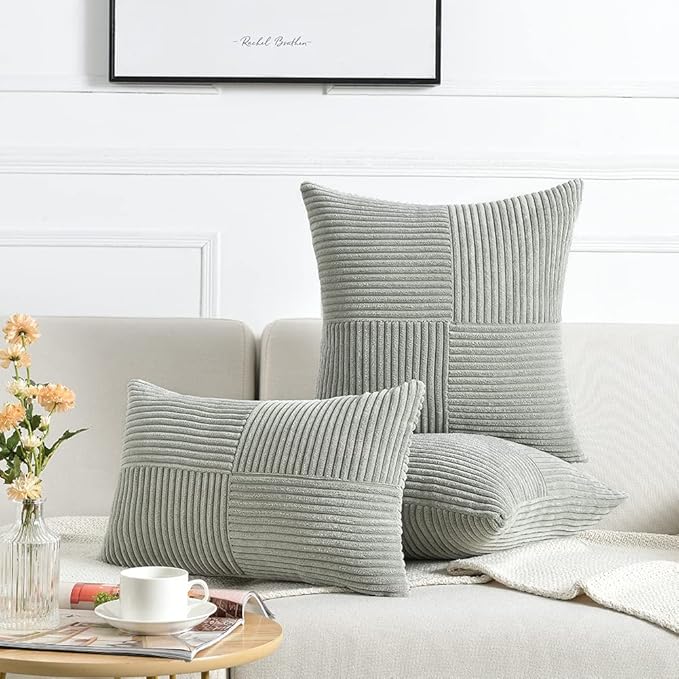 Fancy Homi 2 Packs Grey Lumbar Decorative Throw Pillow Covers 20x28 Inch for Living Room Couch Bed Sofa, Rustic Farmhouse Boho Home Decor, Soft Striped Corduroy Rectangle Accent Cushion Case 50x70 cm