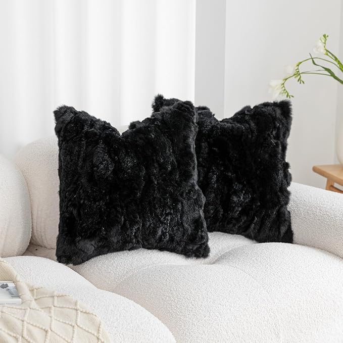 MOOX Rabbit Fur Throw Pillow Covers Decorative Fluffy Soft Fuzzy Plush Luxury Genuine Animal Skin Lumbar Pillow 12"x20" Cushion Cover, Couch-Black