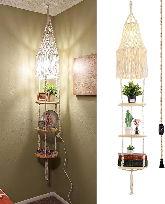 Boho Plug in Pendant Light Hanging Light with Plug in Cord,Dimmable Switch Hanging Lamp Macrame Lamp Shade and Plant Holder Shelf Indoor for Bohemian Decor Bedroom Corner Living Room