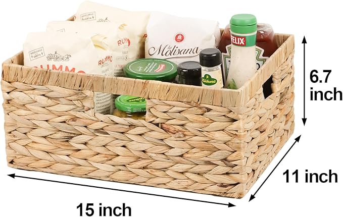 Large Wicker Basket, 15" Water Hyacinth Wicker Storage Baskets for Organizing, Rectangular Storage Baskets for Shelves, Rattan Woven Basket with Built-in Handles, 1 Pack (Natural, Large)