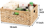 Large Wicker Basket, 15" Water Hyacinth Wicker Storage Baskets for Organizing, Rectangular Storage Baskets for Shelves, Rattan Woven Basket with Built-in Handles, 1 Pack (Natural, Large)