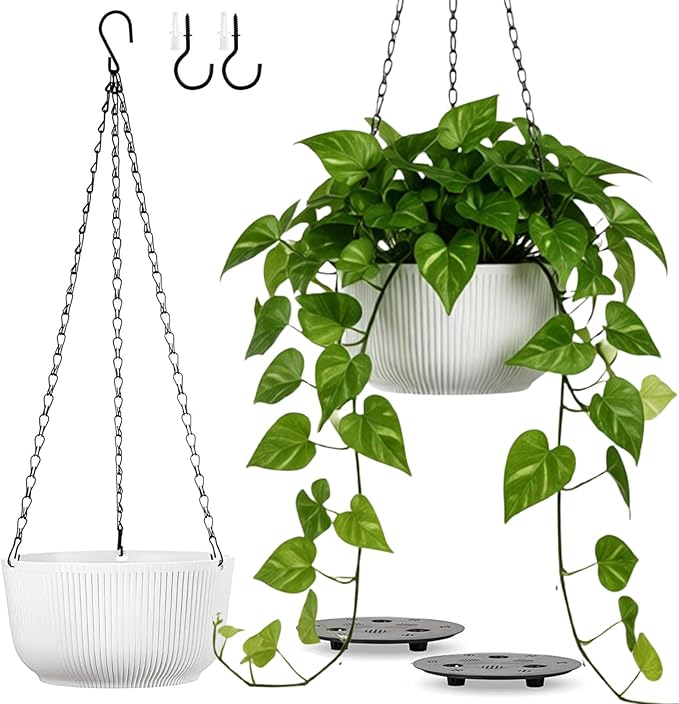 Set of 2 White Hanging Planters for Outdoor Indoor Plants, 10 Inch Self-Watering Hanging Plant Pots with Drainage Hole & Plug (Hooks)