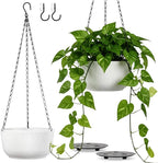 Set of 2 White Hanging Planters for Outdoor Indoor Plants, 10 Inch Self-Watering Hanging Plant Pots with Drainage Hole & Plug (Hooks)