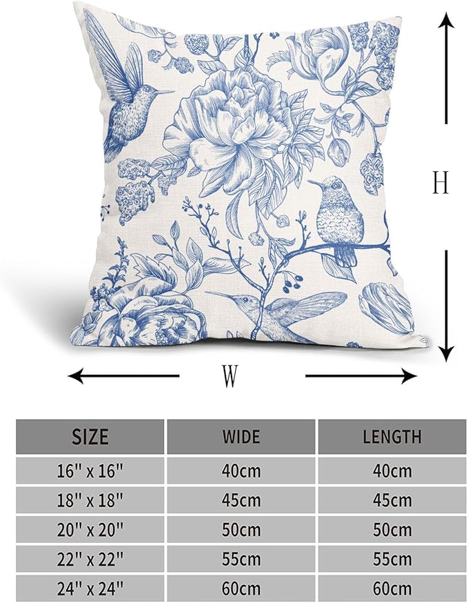 Chinoiserie Blue White Floral Pillow Covers 18X18 Inch French Country Vintage Flowers Bird Decorative Pillow Cases Set of 2 Seasonal Cotton Linen Throw Pillows Farmhouse Home Decor For Sofa Couch