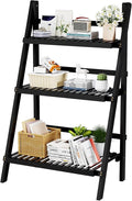 39.4" Foldable Plant Shelf Ladder Shelf, 3 Tier Bamboo Ladder Flower Pot Display Shelf, Freestanding Ladder Bookshelf for Garden, Balcony, Yard, Living Room, 23.6" W x 15" D x 39.4" H, Black