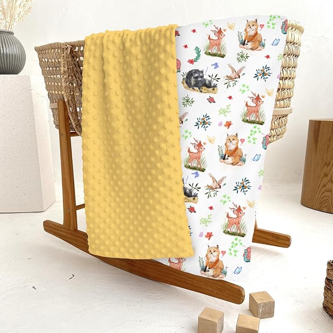 Spring Animals Baby Blankets for Girl Boy Raccoon Fox Deer Bird Snails Floral Leaves Soft Mink Dotted Backing Double Layer Swaddle Blanket for Toddler Nursery Forest Animal Bed Blanket 30x40