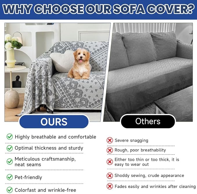 ROOMLIFE Black Couch Covers for Sofa, Sofa Covers Washable Non Slip Furniture Protector Couch Sofa Covers for 3 Cushion Couch, Breathable Sofa Slipcovers Couch Cover Blanket with Tassels 71" X 150"