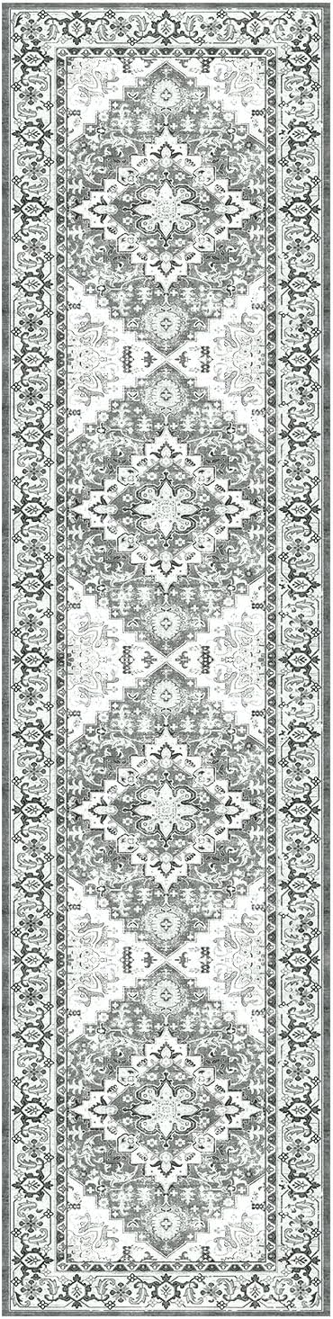 Lessymo Runner Rug for Hallway 2 x 8, Machine Washable Area Rugs Boho Faux Wool Low Pile Area Rug for Bedroom, Floral Medallion Vintage Rugs with Non-Slip Rubber, Grey Beige