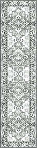 Lessymo Runner Rug for Hallway 2 x 8, Machine Washable Area Rugs Boho Faux Wool Low Pile Area Rug for Bedroom, Floral Medallion Vintage Rugs with Non-Slip Rubber, Grey Beige