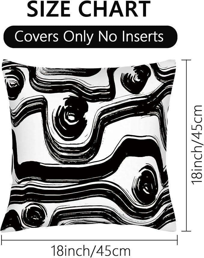 Abstract Black and White Brush Stroke Throw Pillow Covers 18x18 Set of 2, Modern Geometric Art Cushion Cases, Minimalist Boho Decorative Pillowcases for Farmhouse Sofa Couch Living Room Bedroom Decor