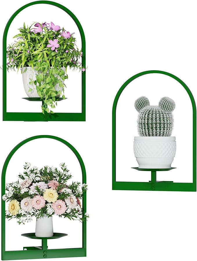 Green Metal Wall Plant Holder - 3-Pack Wall Mounted Plant Stands and Hanging Holders for Indoor Planter and Flower Pot - Arch Decor Shelf for Plant Storage (Pot Not Included)
