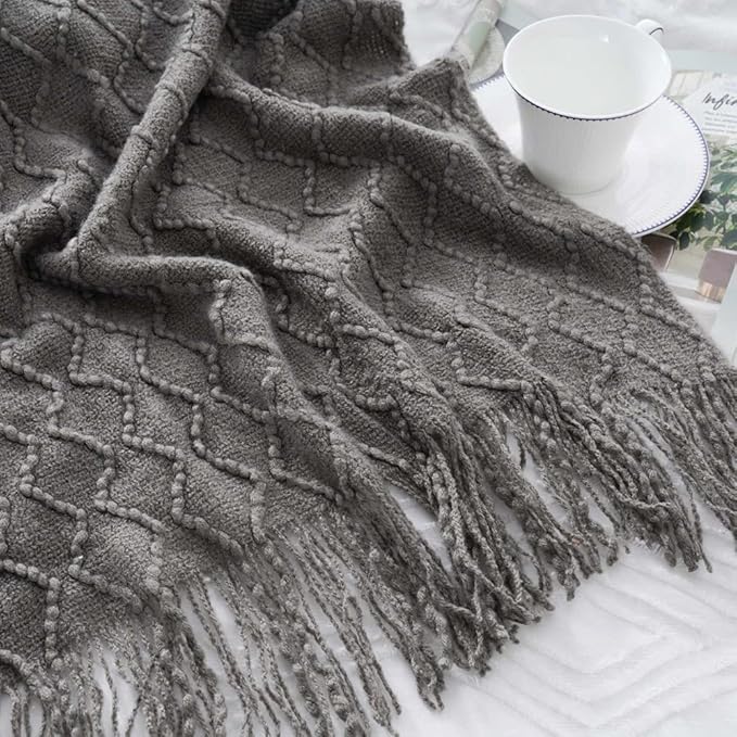 BATTILO HOME Dark Grey Throw Blanket for Couch, Textured Solid Soft Sofa Throw, Knitted Decorative Grey Blanket, 50"x60"