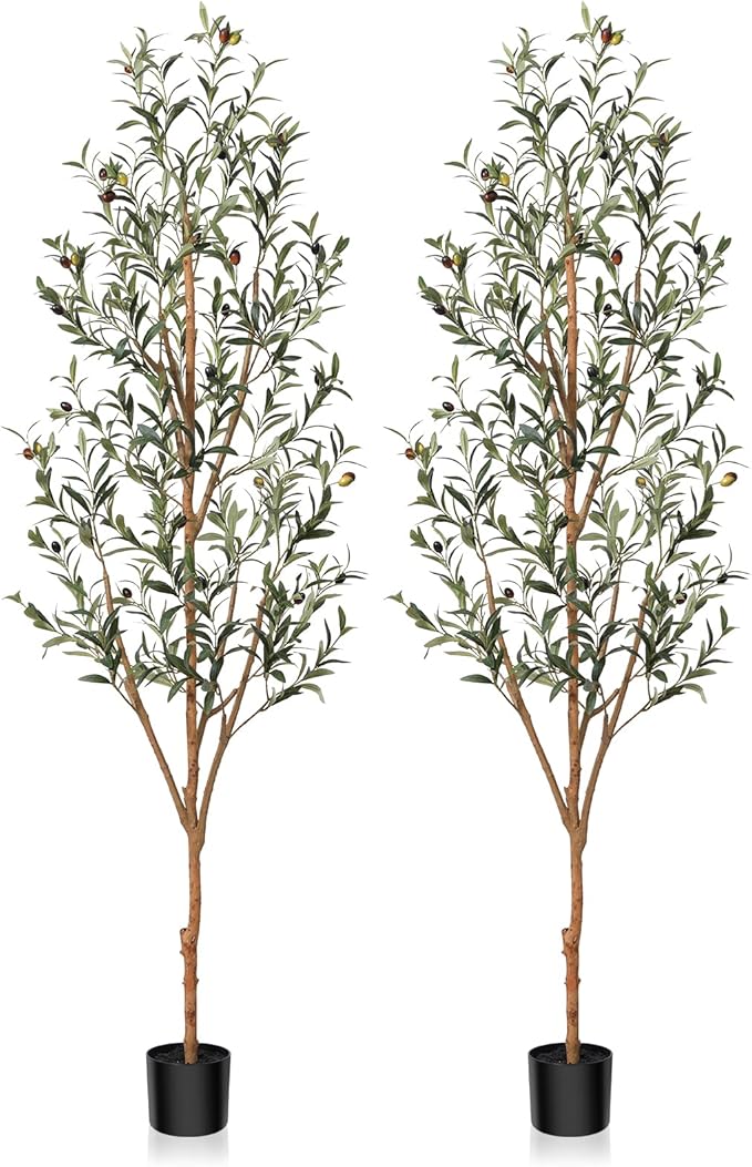 Kazeila Artificial Olive Tree 6FT Tall Faux Silk Plant for Home Office Decor Indoor Fake Potted Tree with Natural Wood Trunk and Lifelike Fruits, 2 Pack
