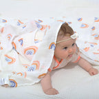 BabyWhale Muslin Swaddle Blanket with Hat and Headband Bow, Rainbow Pattern Swaddle Set for Baby Boys ＆ Girls, Newborn Soft Breathable Unisex Receiving Blanket Wrap, 47x47 inches