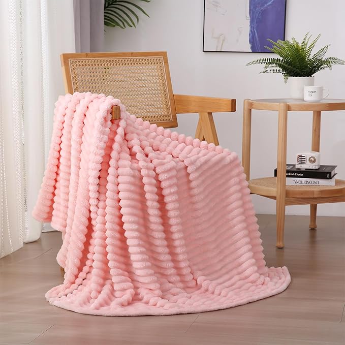 Light Pink Fleece Throw Blanket 60”×80” for Couch Sofa Bed,Super Soft Cozy Plush Microfiber Flannel Blanket with Stripes Design Lightweight for Adults,Woman,Girls