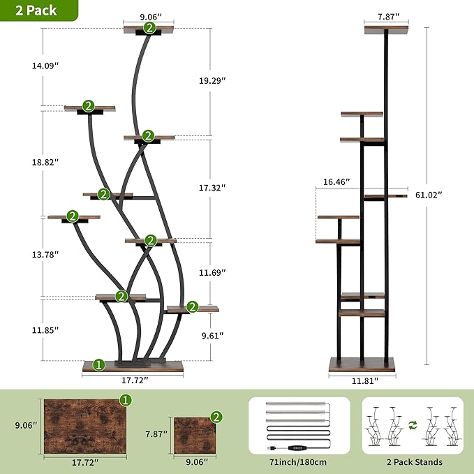 Plant Stand Indoor with Grow Lights - Lighted Plant Shelf Indoor Tall, 61" 9 Tier Large Plant Stands for Indoor Growing, 2 Pack Corner Flower Shelf, Winged Metal Holder for Home Living Room, Black