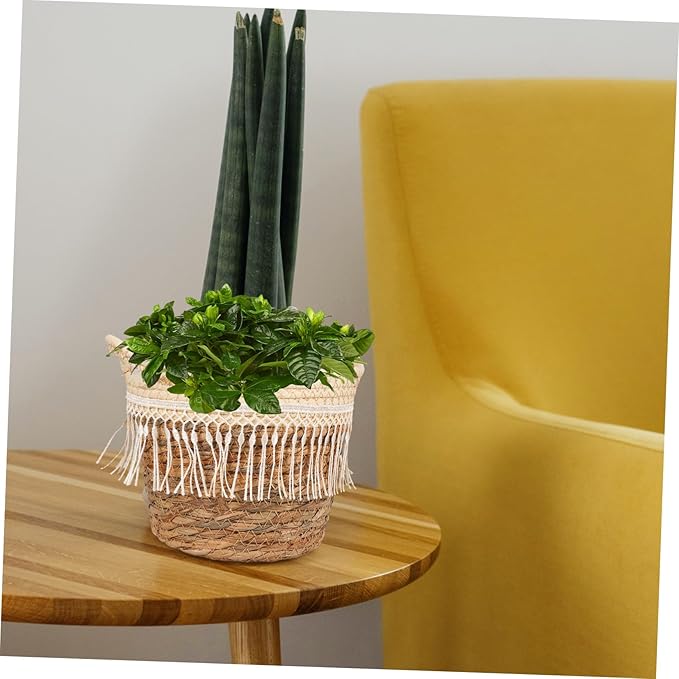 Toyvian Rustic Handwoven Plant Basket with Tassel Natural Grass Rope Indoor Planter Decorative Floral Container with Built in Leak Liner for Living Bedroom Office Boho Farmhouse Style