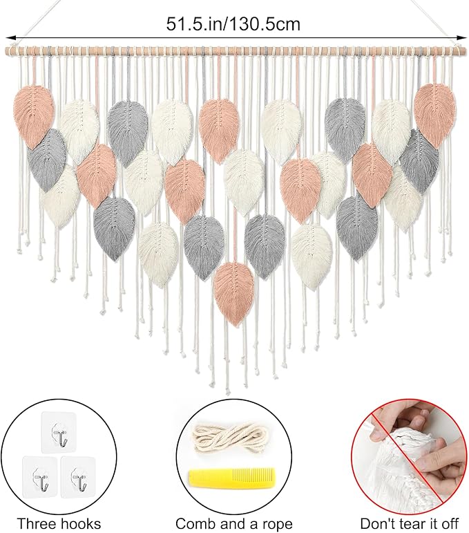 Alynsehom Large Macrame Wall Hanging, Boho Woven Tapestry, Chic Modern Bohemian Handmade Leaf Feather Wall Art Home Decor for Apartment Dorm Living Room Bedroom Nursery Backdrop (51.5" W X 33.5" L)